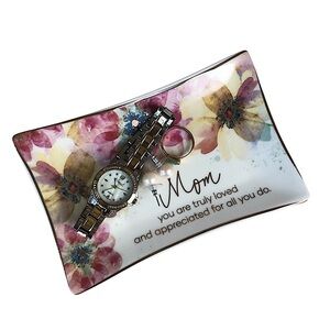 Heartfelt Collection Watercolor & Gold Best Mom Ceramic Trinket Tray 6X4 inch